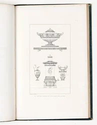Waza, urna na herbatę i wazony ze srebra i vermeilu, z „Recueil de Décorations Interiors” Charlesa Percier i Pierre Francois Leonard Fontaine